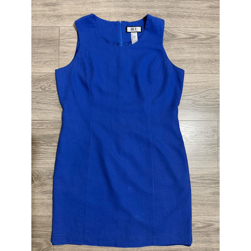 BICE‎ Royal Blue Linen Blend Dress Size 14 Sleeveless Sheath Lined Minimalist